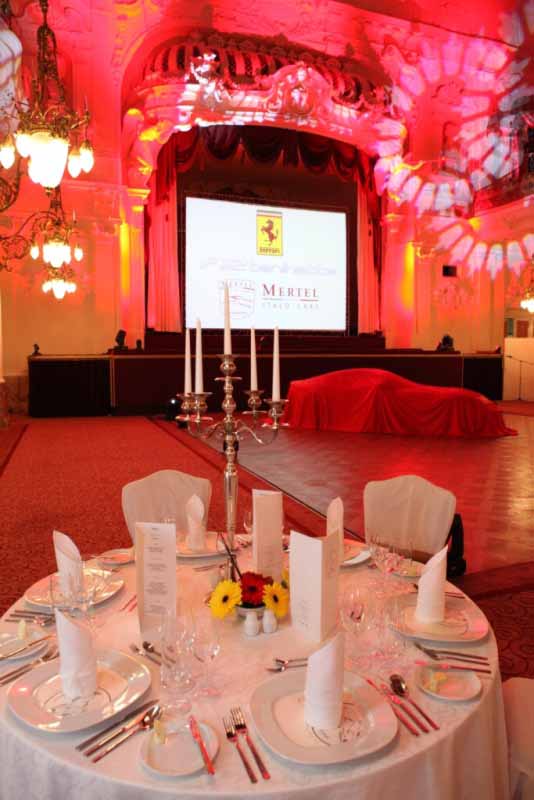 Grand event unveiling the new Ferrari sports car table decoration detail in Karlsbad ballroom