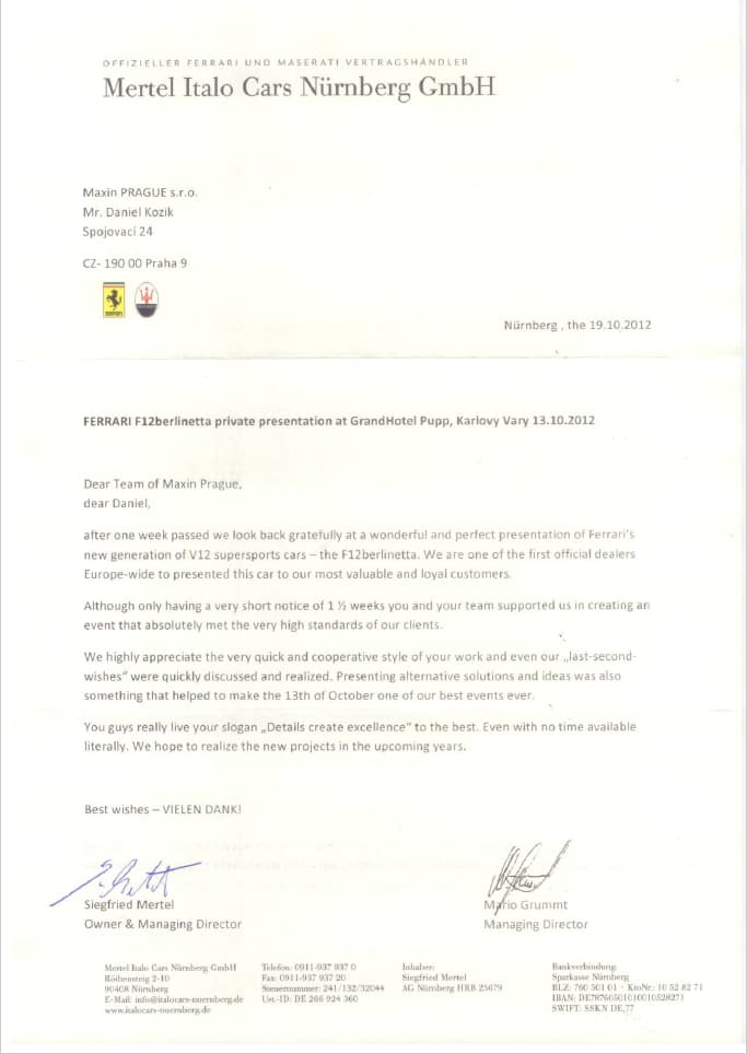 Letter of commendation from leading sports car producer after great event in Karlsbad
